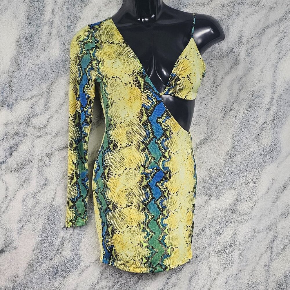 MEEK Large Yellow Snakeskin One Sleeve Mini Dress Partial Triangle Top